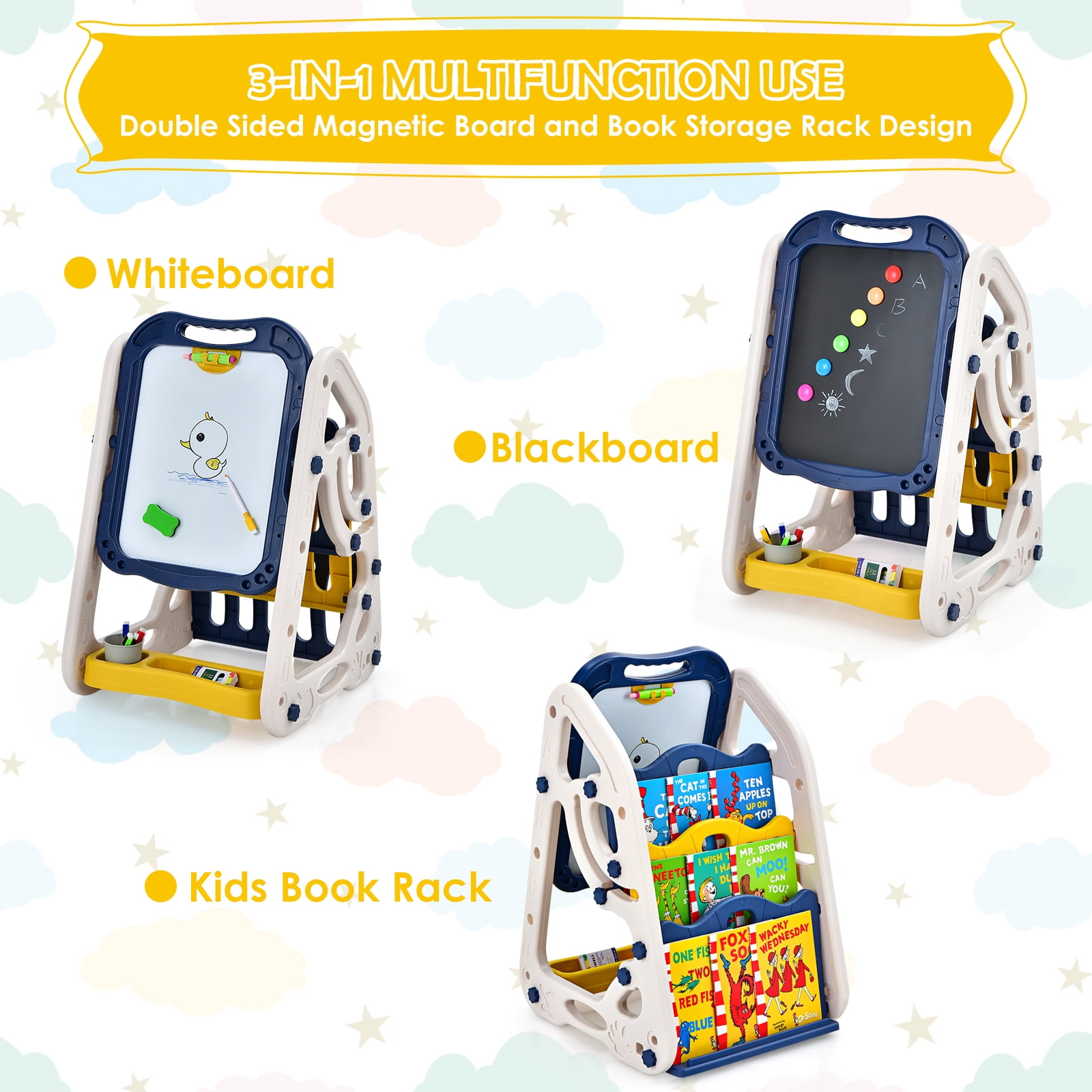 Topbuy 3-in-1 Height Adjustable Kids Art Easel Double Sided Magnetic Whiteboard & Chalkboard with Book Rack Blue