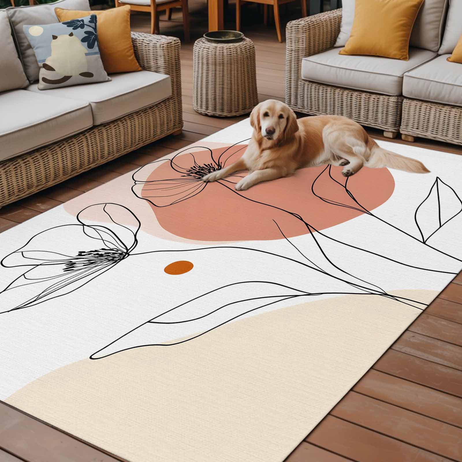 Fsddascl Boho Floral Outdoor Rug for Patio/Deck/Porch, Non-Slip Large Area Rug 5 x 8 Ft, Nordic Contemporary Minimalist Clean-lined Indoor Outdoor Rugs Washable Area Rugs, Camping Rug Carpet