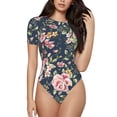 thumbnail image 1 of Kdxio Justaucorps à Manches Courtes Imprimé Floral Vintage pour Femmes Col Rond Modal Doux Confortable Ajusté Aguichant Haut-Moyen, 1 of 7