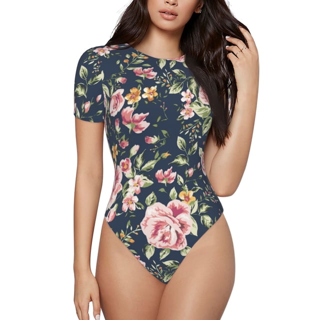 Kdxio Justaucorps à Manches Courtes Imprimé Floral Vintage pour Femmes Col Rond Modal Doux Confortable Ajusté Aguichant Haut-Moyen