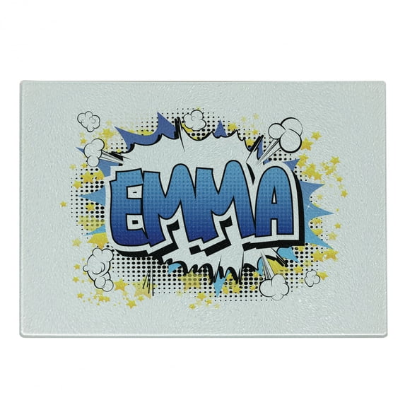 Emma Cutting Board, Youthful Energetic Name Design for Teenage Girls Cartoon Stars and Burst, Decorative Tempered Glass Cutting and Serving Board, Small Size, Blue Yellow and Black, by Ambesonne