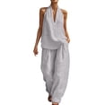 thumbnail image 3 of Cutuoiiu Women's Casual Solid Color Two Piece Outfit, Sleeveless V Neck Halter Top and High Waist Wide Leg Pockets Pants for Summer Vacation, 3 of 8