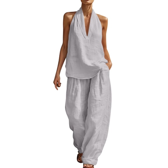 Oplxuo Womens Linen 2 Piece Sets Fashion Sleeveless V Neck Halter Top Matching Baggy Wide Leg Pants Set Summer Casual Outfits