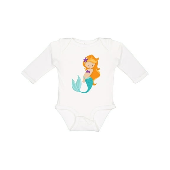 Inktastic Cute Little Mermaid, Orange Hair, Purple Sea Star Girls Long Sleeve Baby Bodysuit
