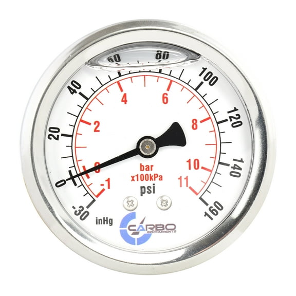 CARBO Instruments 1-1/2" Pressure Gauge, Stainless Steel Case, Chrome Plated Brass Connection, Lqiuid Filled, Compound Vacuum -30 Hg - 0 - 160 psi BACK Mount 1/8" NPT