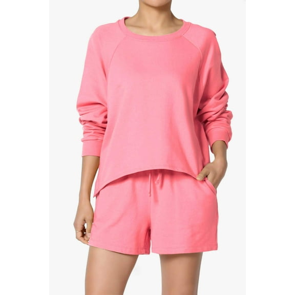 Women's Cotton Terry Long Sleeve Oversized Top & Drawstring Shorts SET