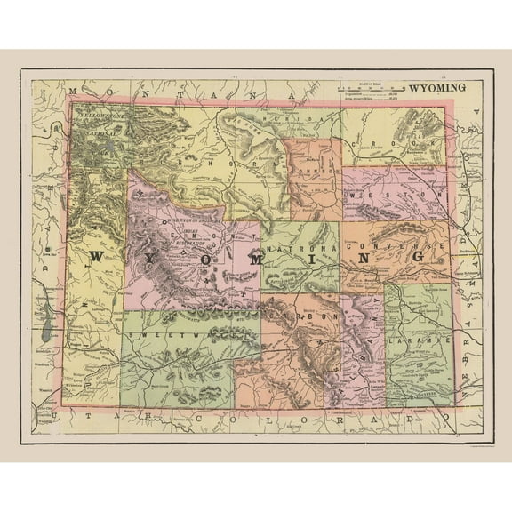 Historic State Map - Wyoming - Cram 1892 - 28.49 x 23 - Vintage Wall Art