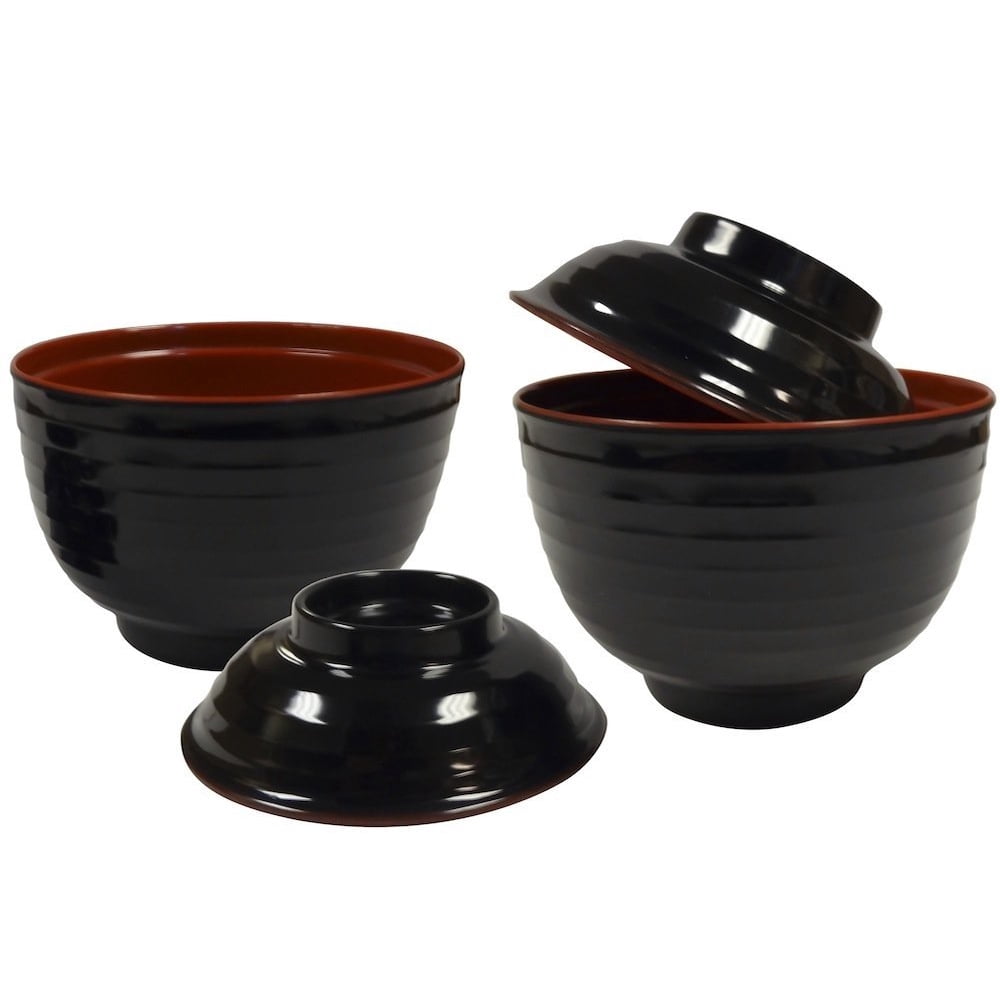 Japanese Miso Soup Rice Bowls Red and Black with Lid, Set of 2
