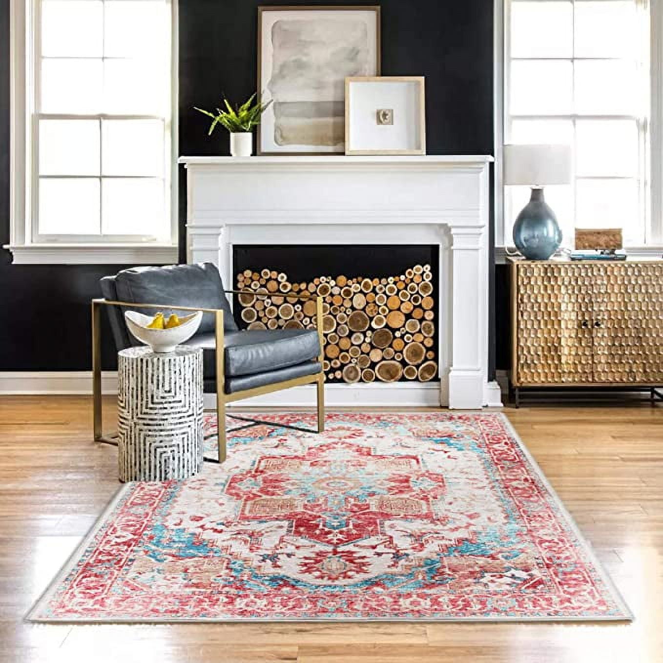 Vernal Elden Grey, Red and Blue Machine Washable Rug – Green Decore US
