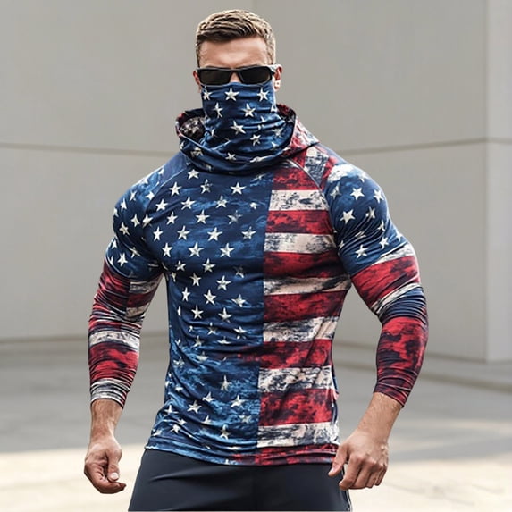 sususu Men's Sun Protection Shirts Hooded Athletic T Shirts Long Sleeve Loose Fit Red M