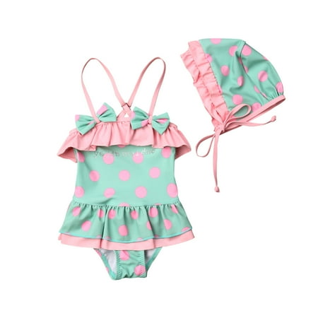 Baby Girl Ruffle Swimsuits Toddler Straped Polka Dots Bathing Suit Swimwear and Sunscreen Hat 1-7T