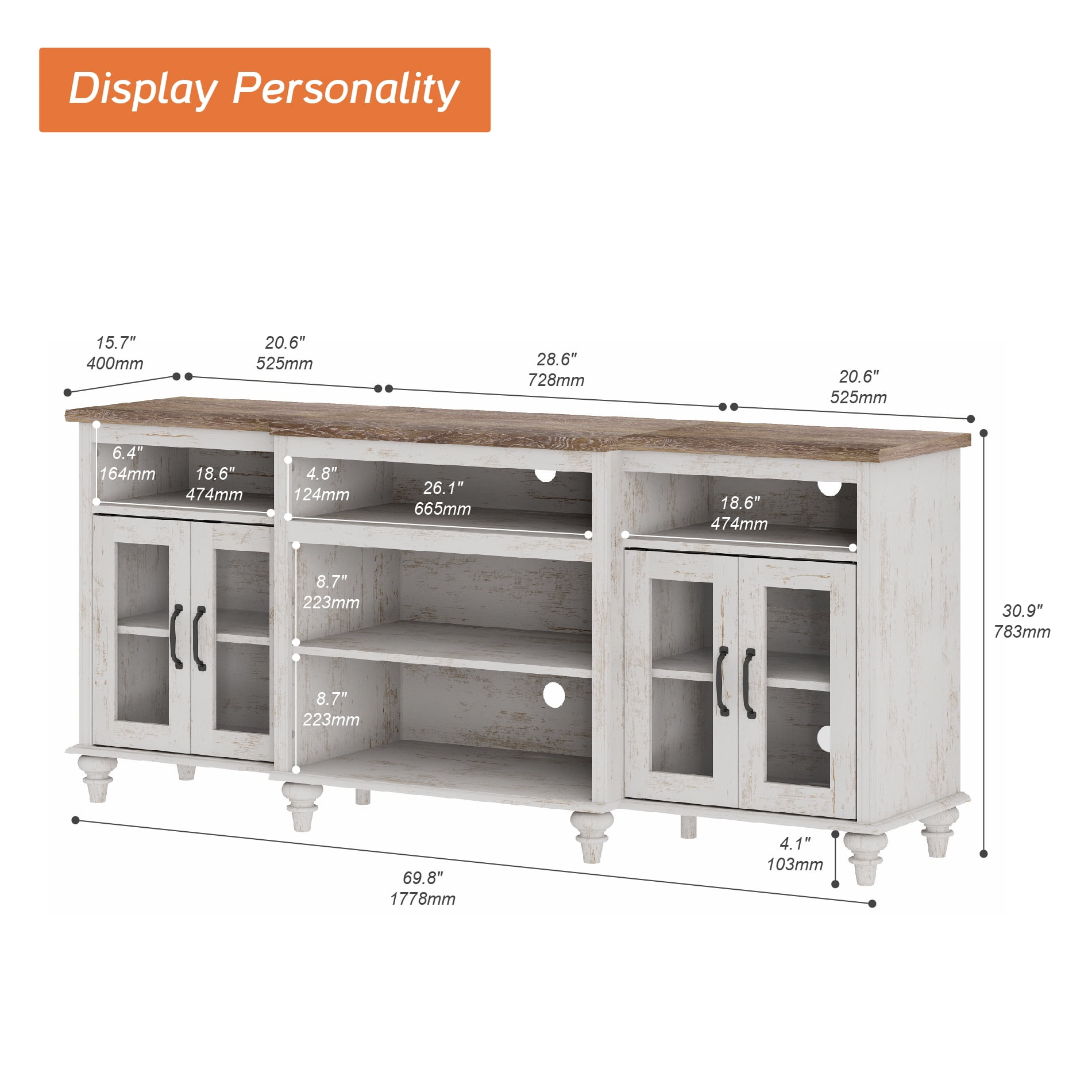 Farmhouse TV Stand for TVs Up to 75 inch, 4-Door Glass and Wood Universal TV Console with 9 Storage Cabinets, Entertainment Center Table for Living Room Bedroom, Rustic White