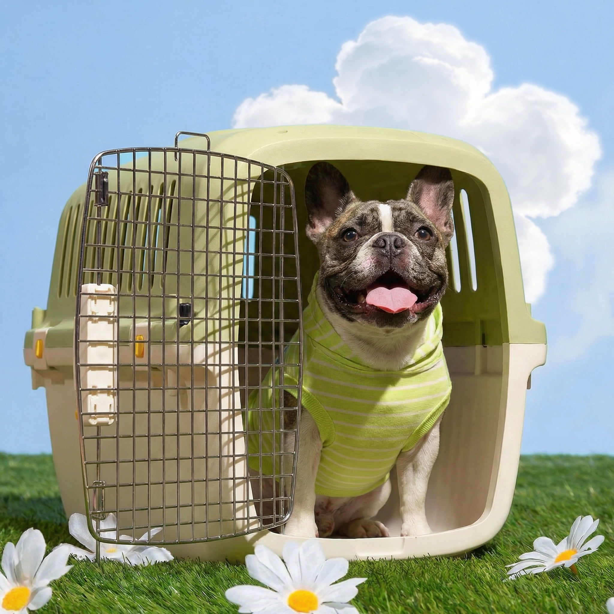 Oodles 24" Plastic Travel Pet Kennel with Clip On Bowl, Green