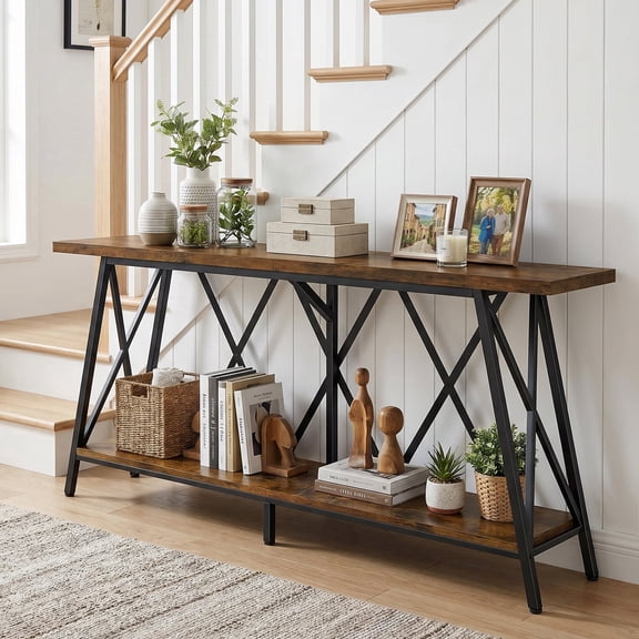 69" Narrow Console Table for Entryway, 2-Shelves Wooden Sofa Table Behind Couch, Farmhouse Skinny Entryway Table , Brown