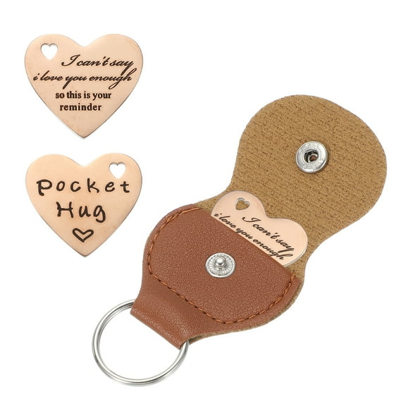 Pocket Hug Token, Heart Double Sided Coin with Leather Keychain Long Distance Relationship Inspirational Keepsake Gifts, Rose Gold, I Can't Say I Love You Enough