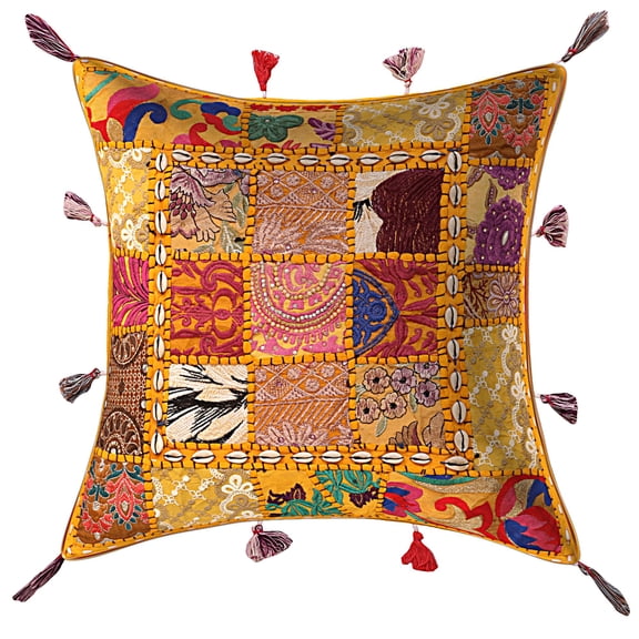 Stylo Culture Indian Embroidered Patchwork Cowry Sea Shell Tassels Chair Seat Throw Pillow Cover 17x17 Mango Yellow Bohemian 43cm x 43cm Bed Room Cotton Floral Square Cushion Cover | 1 Pc