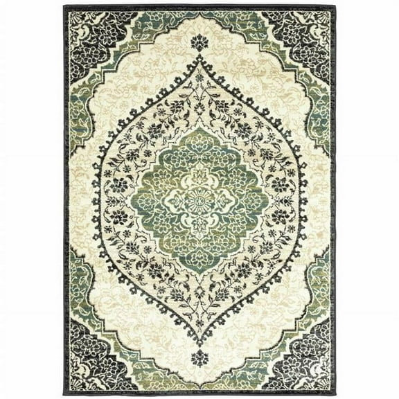 8' X 10' Ivory Navy And Green Oriental Power Loom Stain Resistant Area Rug