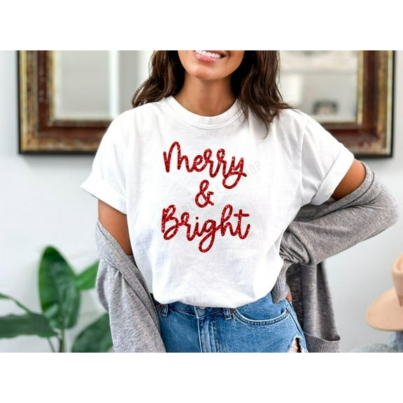 MiyazakiLy Sparkly Glitter Merry and Bright Christmas Shirt: Holiday Tee