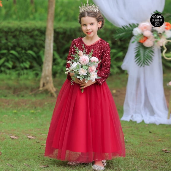 Girl Long Gown Dress Sparkle Sequins Kids Wedding Bridesmaid Pageant Party Formal Long Gown Princess Tulle Flower Girl Dresses 4-12 Years