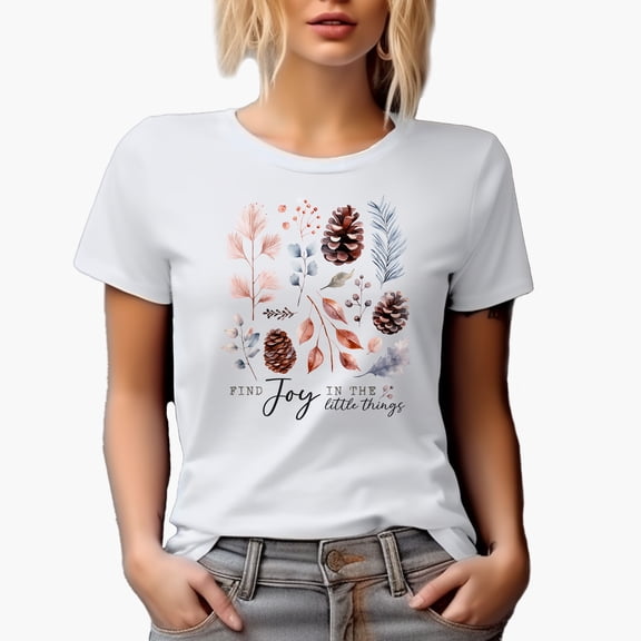 Find Joy in the Little Things with Winter Season Leaves Art Merch Gift, White T-Shirt, Small