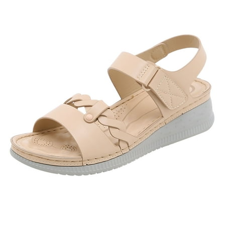 

Sandals Women Solid Color Slope Heel Breathable Open Toe Shoes Pu Pink 37