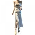 thumbnail image 1 of Femmes Bohème Bretelles Spaghetti Robes Dame Sans Manches Solide Lettre Robe d'Été Femme O Cou Renversé Imprimé Robe Longue, 1 of 8