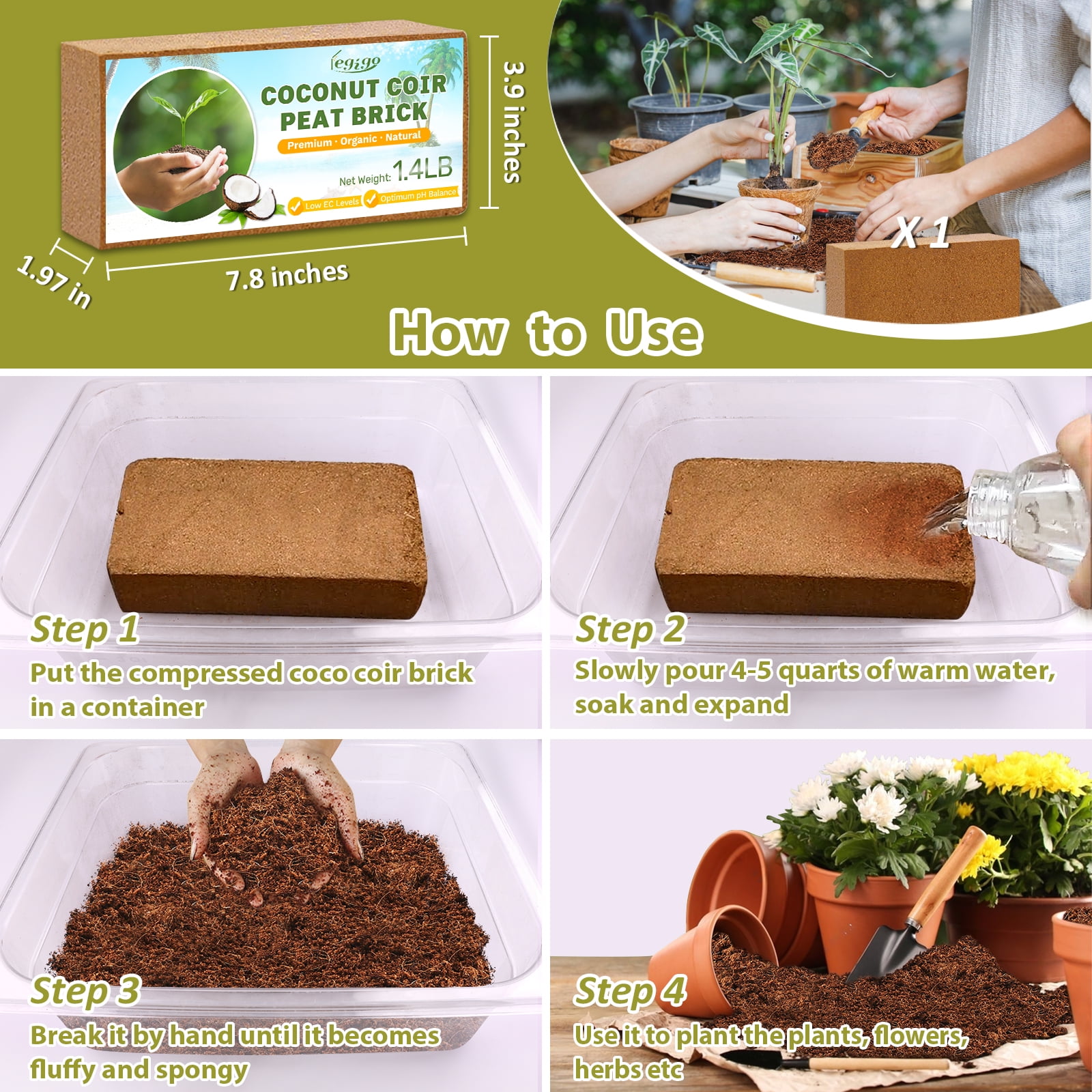 Pack of 1 Organic Coco Coir Bricks- 100% Natural Compressed Coco Peat Brick Coconut Fiber Substrate with Low EC& pH Balance, Coir Plant Soil Enhance Root Growth for Herbs, Flowers, House Plants