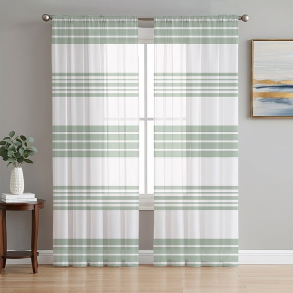 Modern Stripes Sheer Curtains 72 Inch Length 2 Panels Set, Minimalist Geometric Lines Sage Green Voile Window Treatment Rod Pocket Curtains Sheers Drapes for Bedroom/Living Room/Kitchen 52"x72"x2