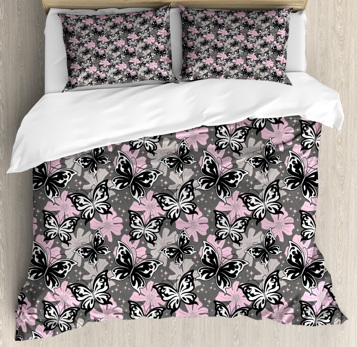 Butterfly Duvet Cover Set Queen Size, Ornamental Romantic Summer