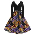 thumbnail image 2 of Halloween Dresses for Women Pumpkin Printed V-Neck Cute Tea Length Dress Ghost 1950s Long Sleeve Fashion Dresses with Belt 4XL, 2 of 7