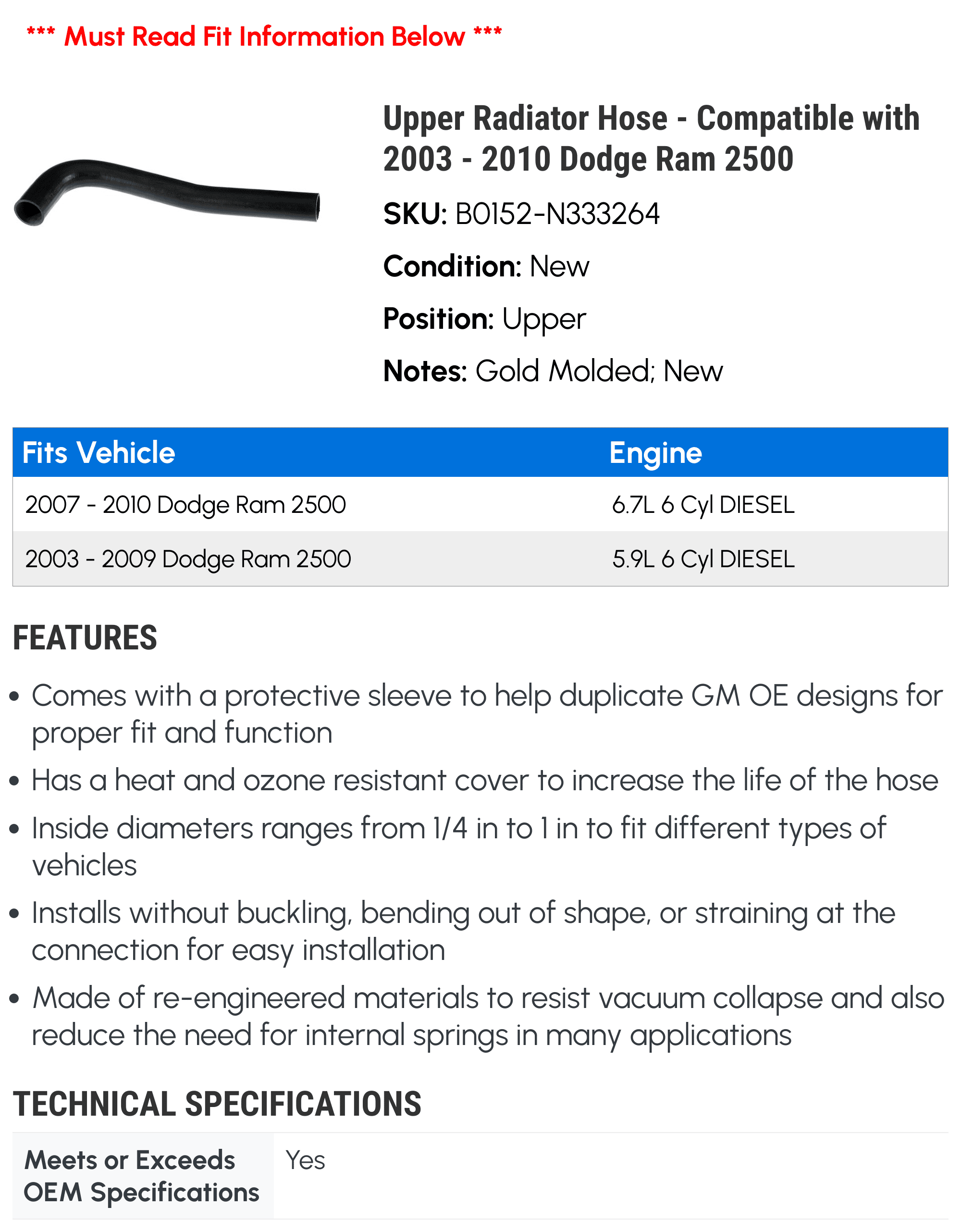 Upper Radiator Hose - Compatible with 2003 - 2010 Dodge Ram 2500 - AC Delco
