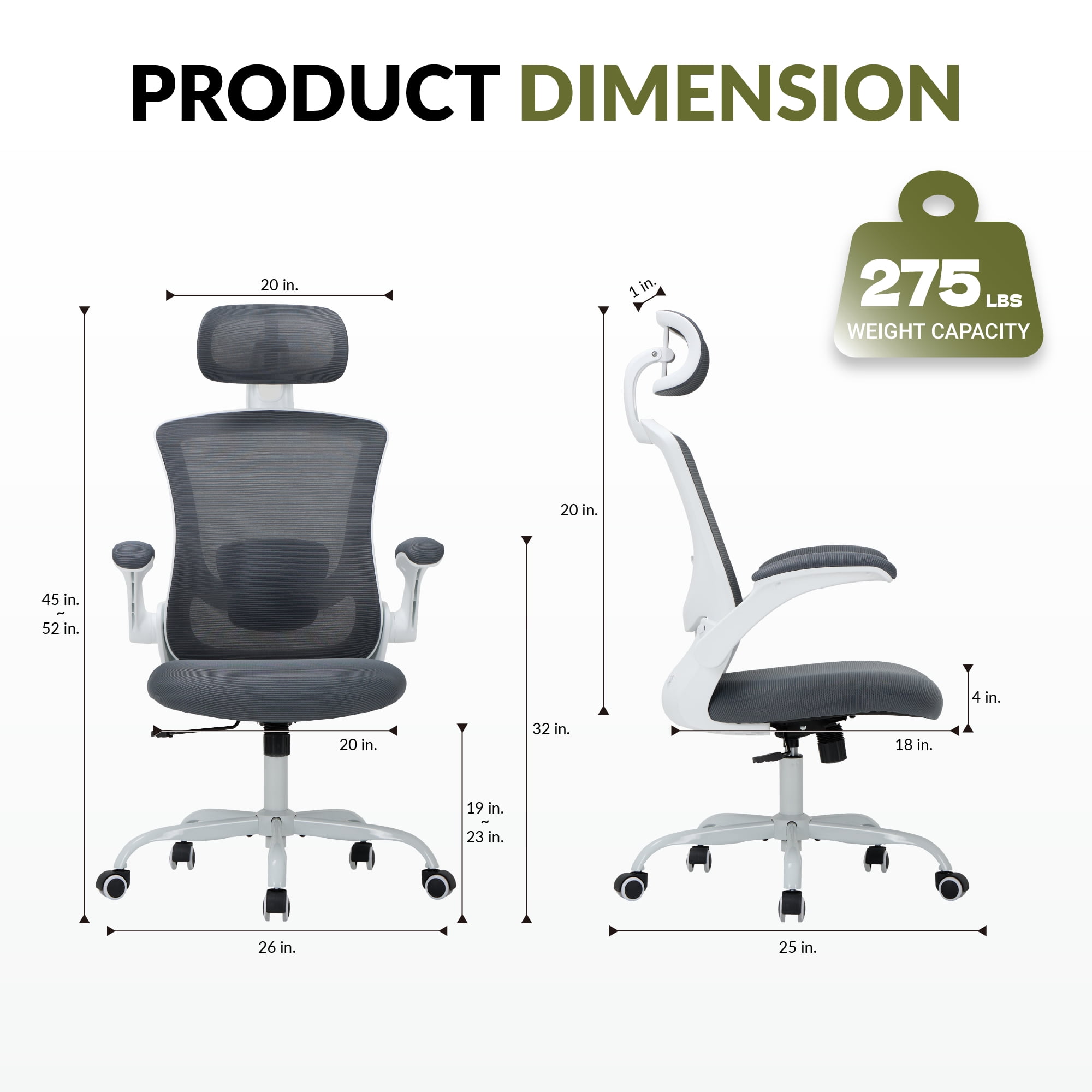 AFO High Back Ergonomic Office Chair, Adjustable Lumbar Support & Headrest Mesh Desk Chair with Flip-Up Arms, 275lbs Heavy Duty Metal Base Computer Task Chair for Home Office, Gray
