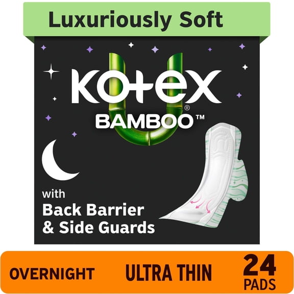 Kotex Bamboo Ultra Thin Overnight Pads, Wings, 24 Count