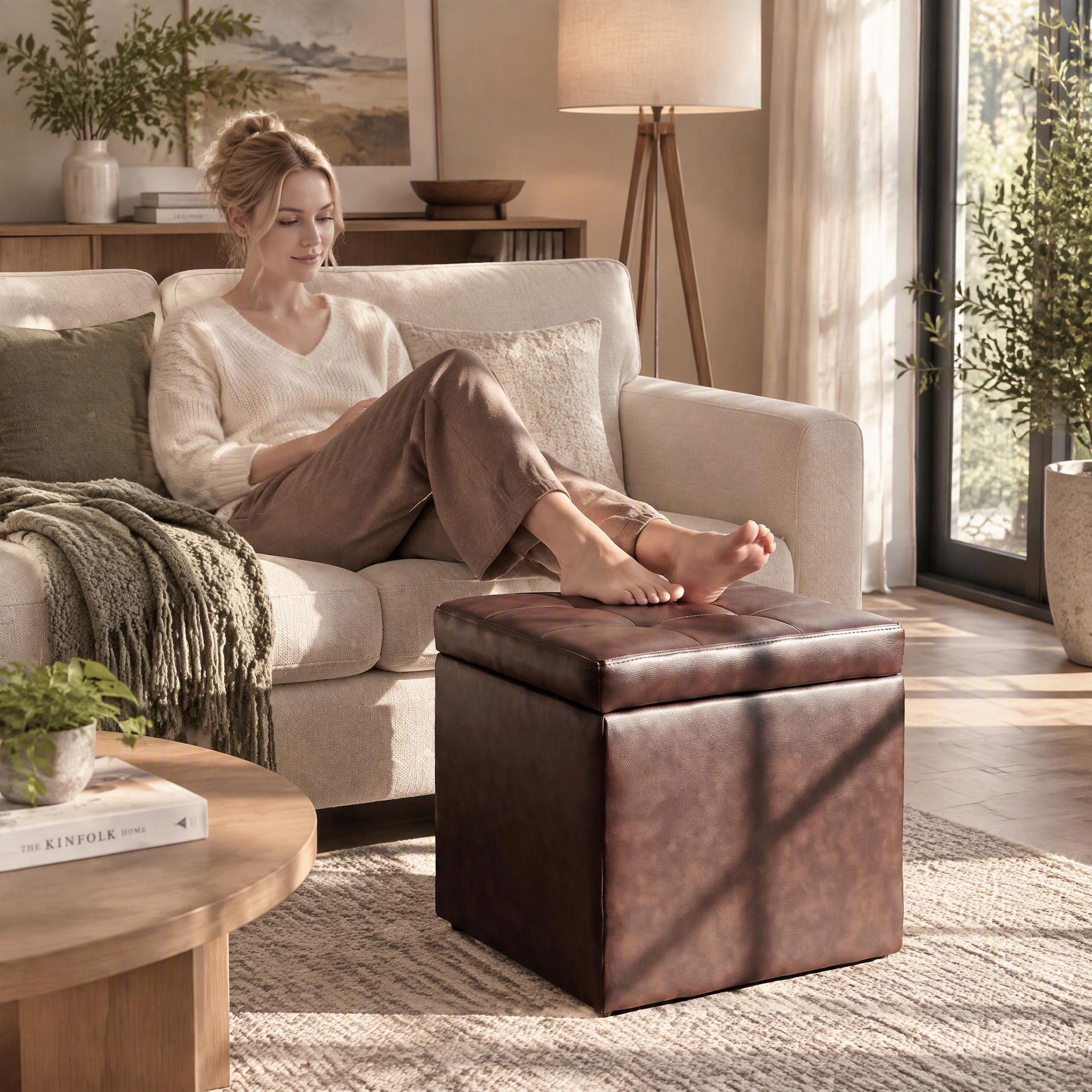 Costway 16" Cube Ottoman Storage Box, Red Brown photo 5