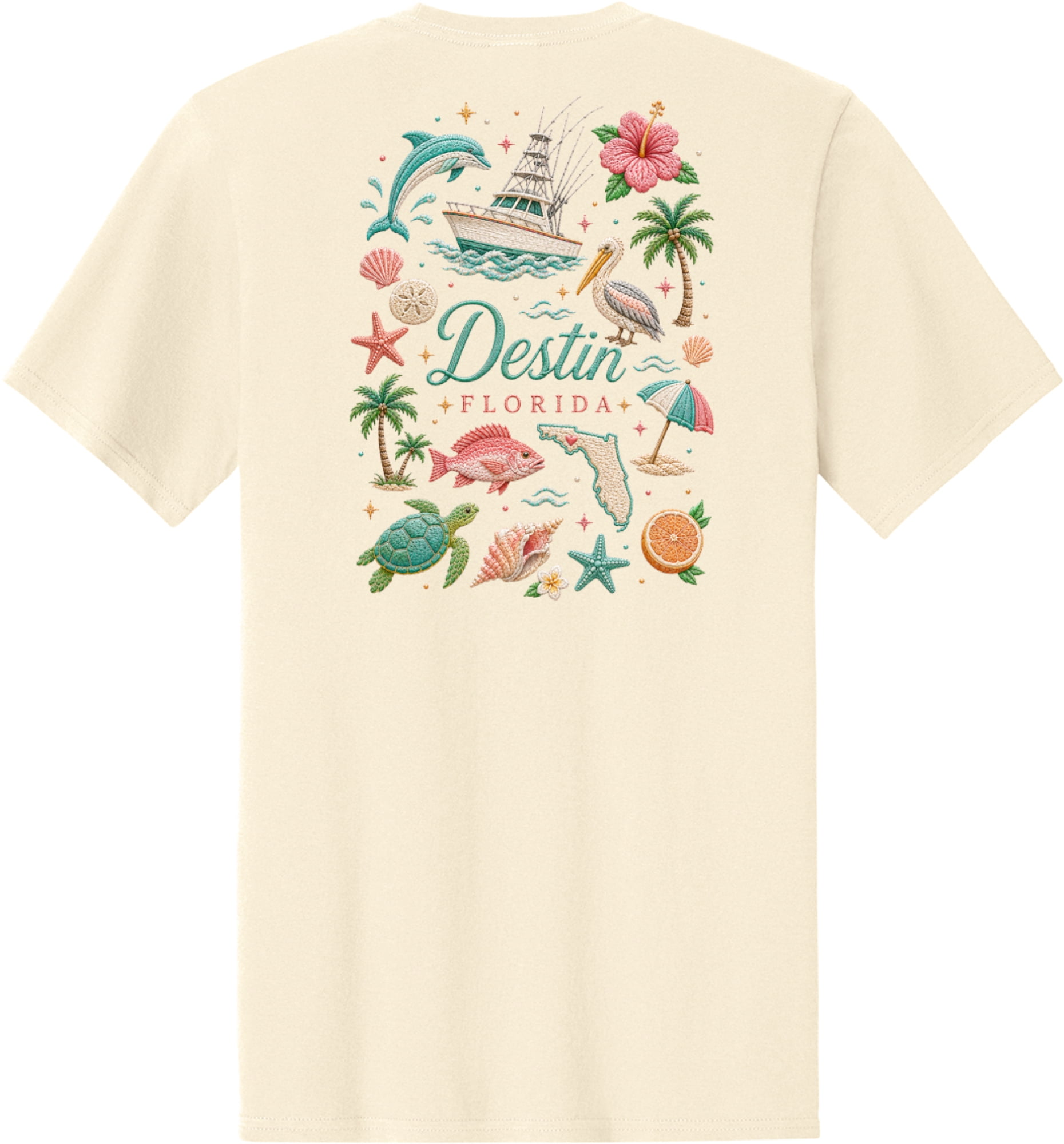 Destin Faux Embroidery Front and Back Printed Short Sleeve T-Shirt