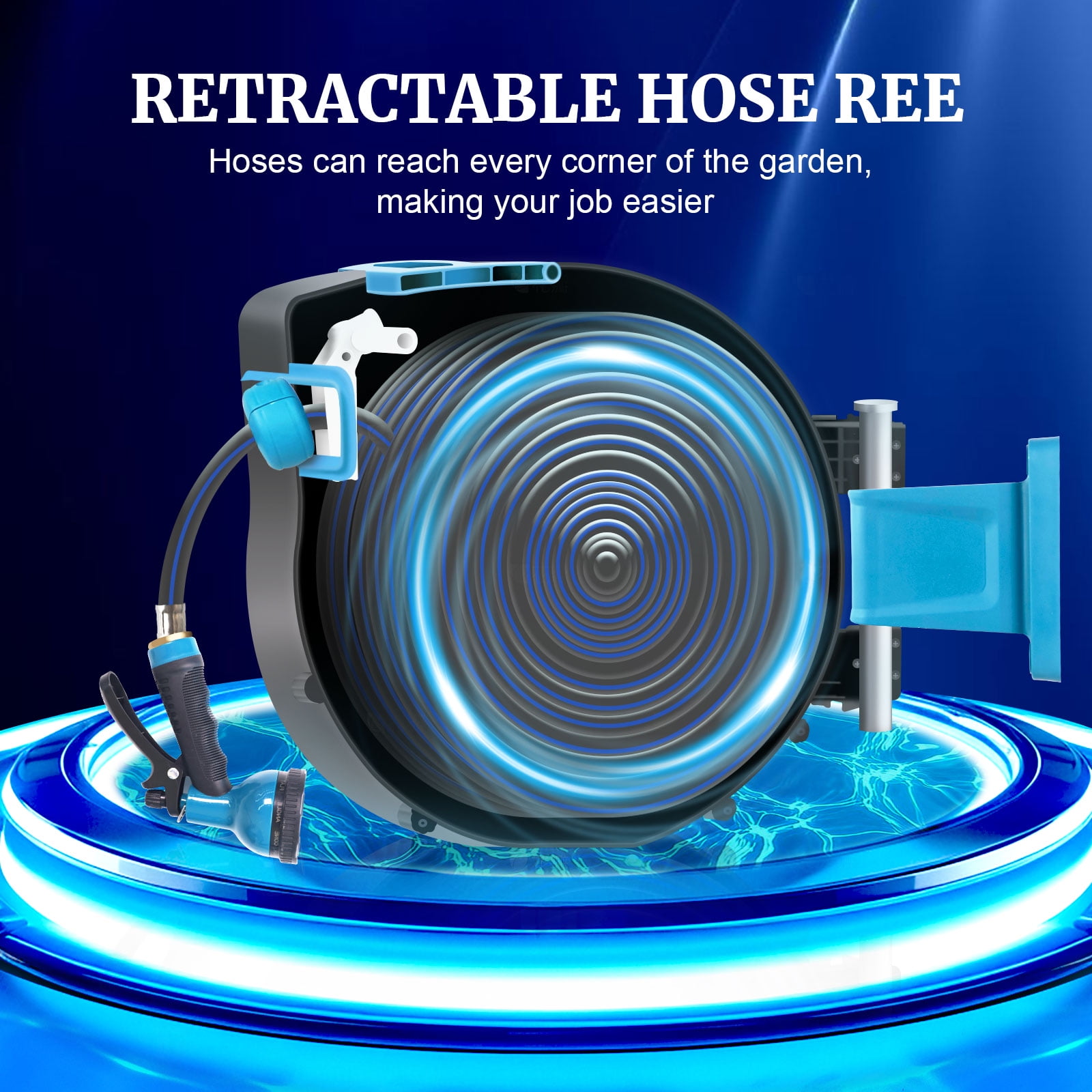 Sunifier Retractable Garden Hose Reel, 50FT, Auto Rewind, Wall Mount, UV Resistant, Brass Fitting, 10-Function Nozzle