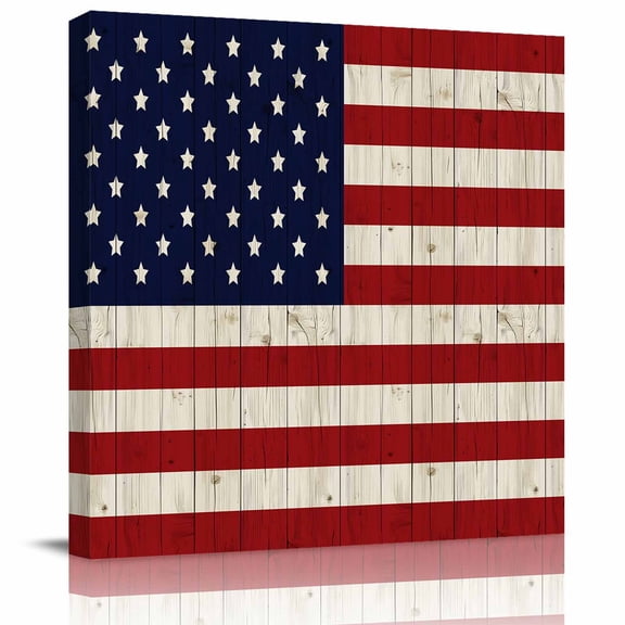 Wall Art Prints, American Flag Framed Canvas Prints for Bedroom Living Room Bathroom Office, Vintage Wooden Star Striped Red Blue Gallery Wrap Wall Art Poster for Gifts Home Decor 20"x20"