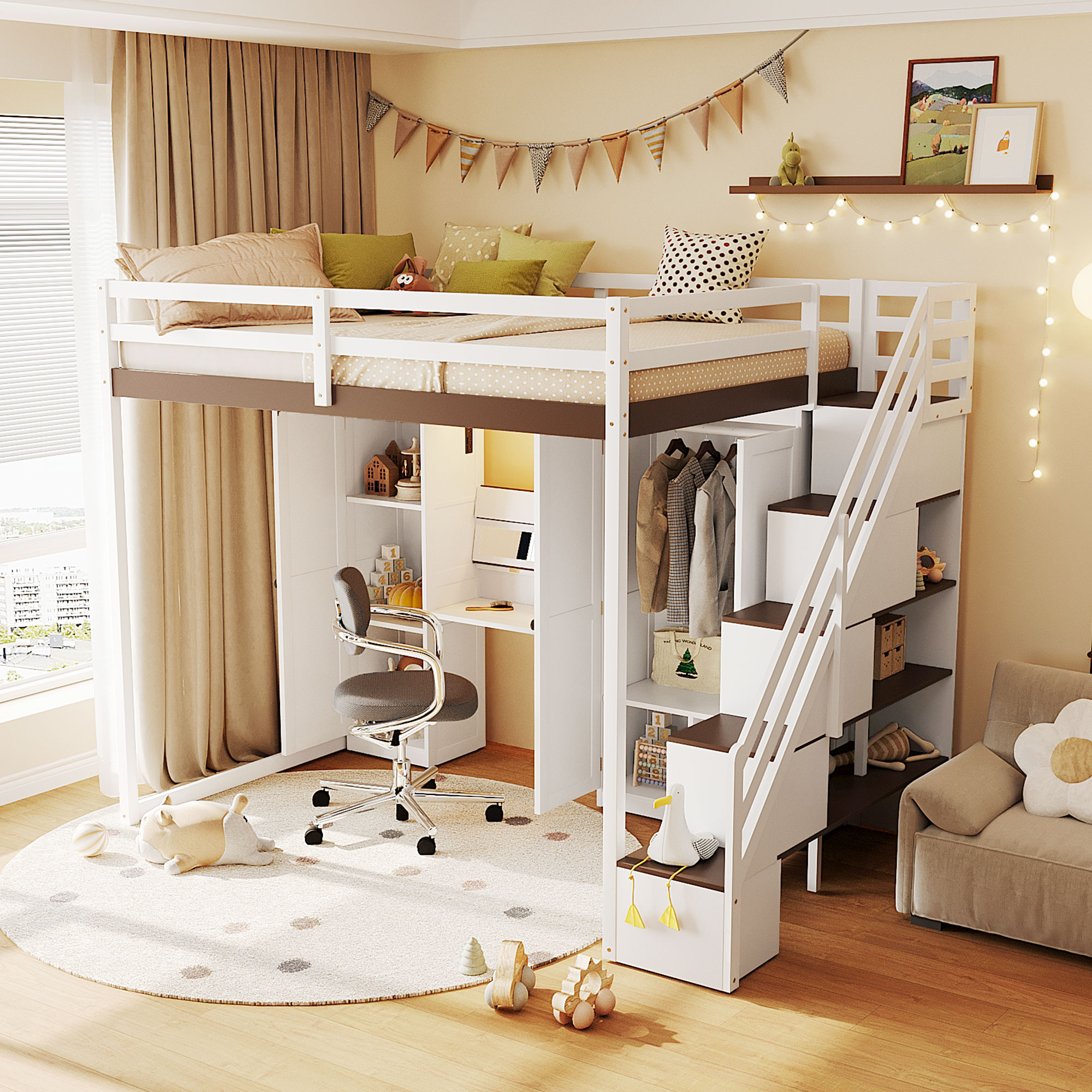 Mintazer Full Size Princess Loft Bed Built-in Dressing Table with Vanity Mirror, Wardrobe, Storage Staircase, Drawer, LED Lights & Charging Station for Girls, White & Brown