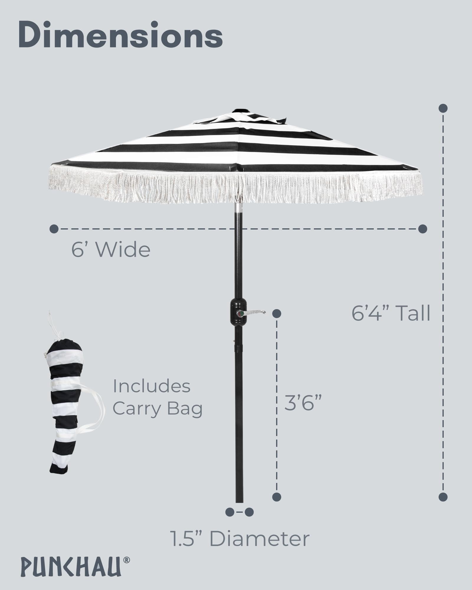 Punchau 6 Ft Black Fringe Patio Umbrella - Outdoor Umbrella for Patio, Pool, Table, Garden, & Deck, Push Button Tilt Pole - Fashionable Vintage Tassels - Striped Fringe