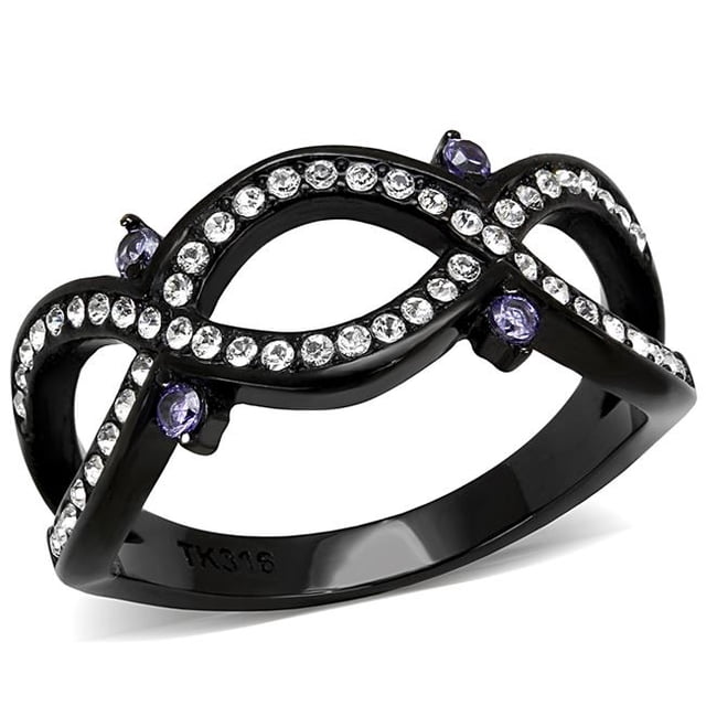 Alamode TK3047-9 Bague en Acier Inoxydable Noire IP pour Femmes avec Grade AAA CZ en Améthyste - Taille 9
