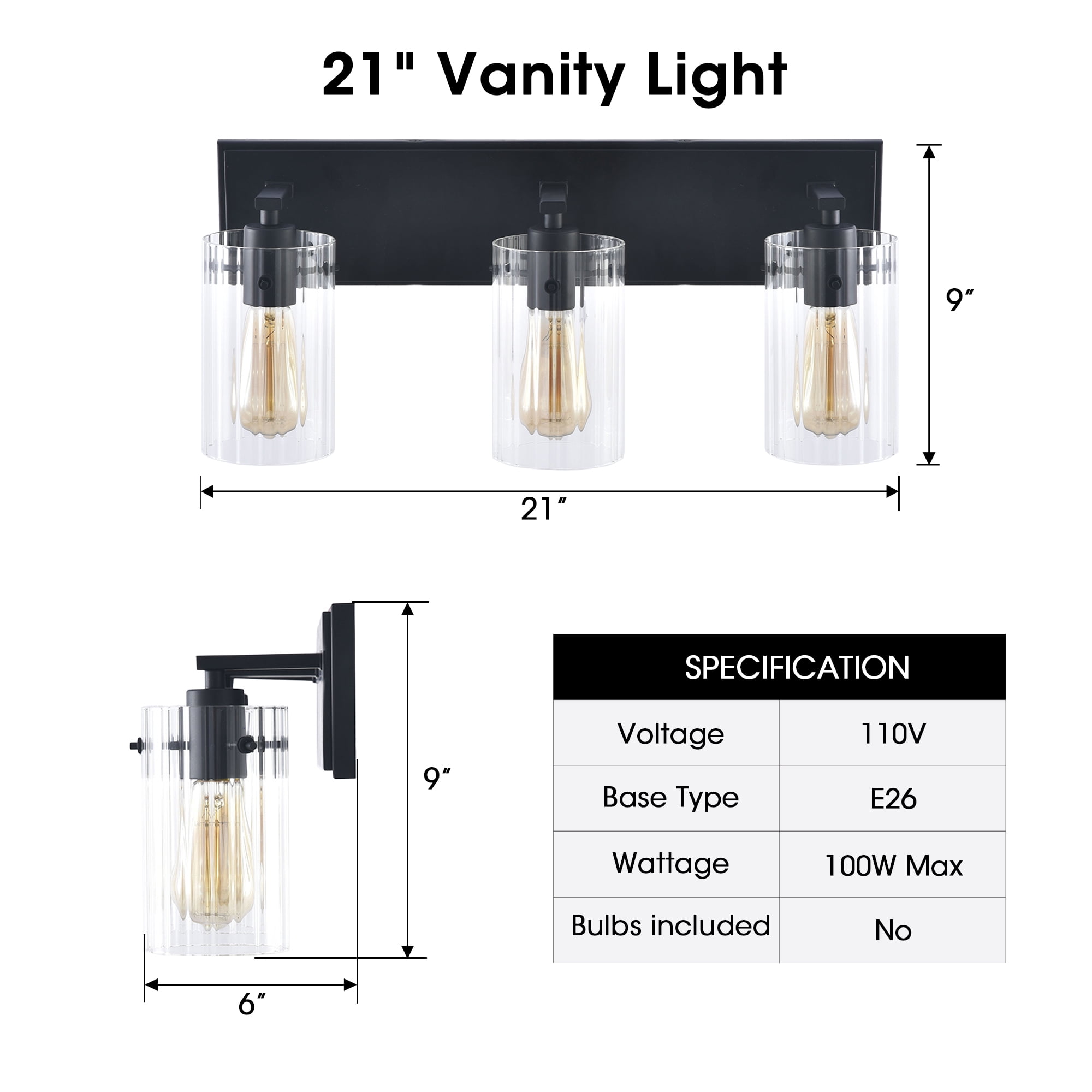 21" Modern Black 3-Light Reeded Glass Vanity Light Wall Sconce for Bathroom and Hallway