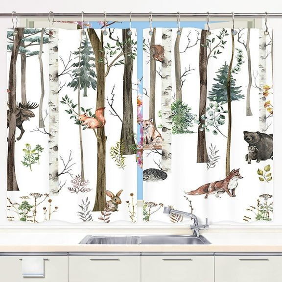 Nature Forest Kitchen Curtains, Wildlife Animal Kitchen Curtains, Bear Deer Fox in Forest Window Drapes, Wildflower Botanical Nature Bedroom Living Room Treatment Set with Hooks, 55X39 Inches