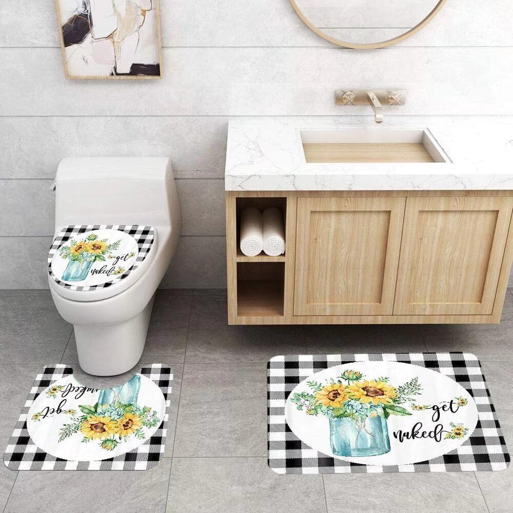 4Pcs Get Naked Sunflower Shower Curtain Sets Floral Green Bathroom Set Decor with Non-Slip Rugs Bath U-shaped Mat Toilet Lid Cover Country Flower Bathroom Curtains Shower Set with 12 Hooks