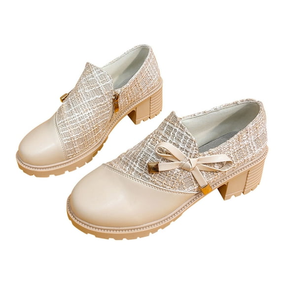 Lovskoo 2024 Women's Ankle Boots Closed Toe Bowknot Chunky Heel Short Booties Elegant Side Zipper Comfortable Boots Beige