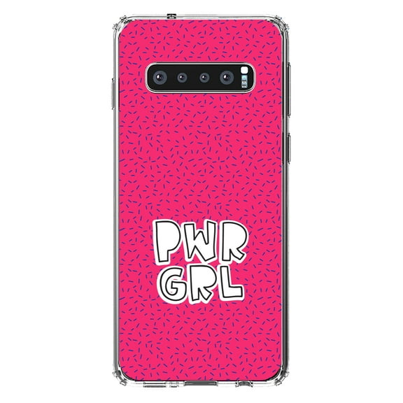 DistinctInk Clear Shockproof Hybrid Case for Samsung Galaxy S10 (6.1" Screen) - TPU Bumper, Acrylic Back, Tempered Glass Screen Protector - Girl Power - PWR GRL - Pink Background