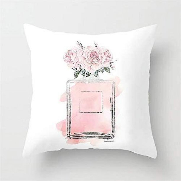 Paquete De 4 Fundas De Almohada Para Niña Perfume Rosa Flor Lápiz Labial Funda De Almohada Zapatos De Tacón Alto Gafas De Sol Y Accesorios Para Dama Bella Patrón En El Cojín