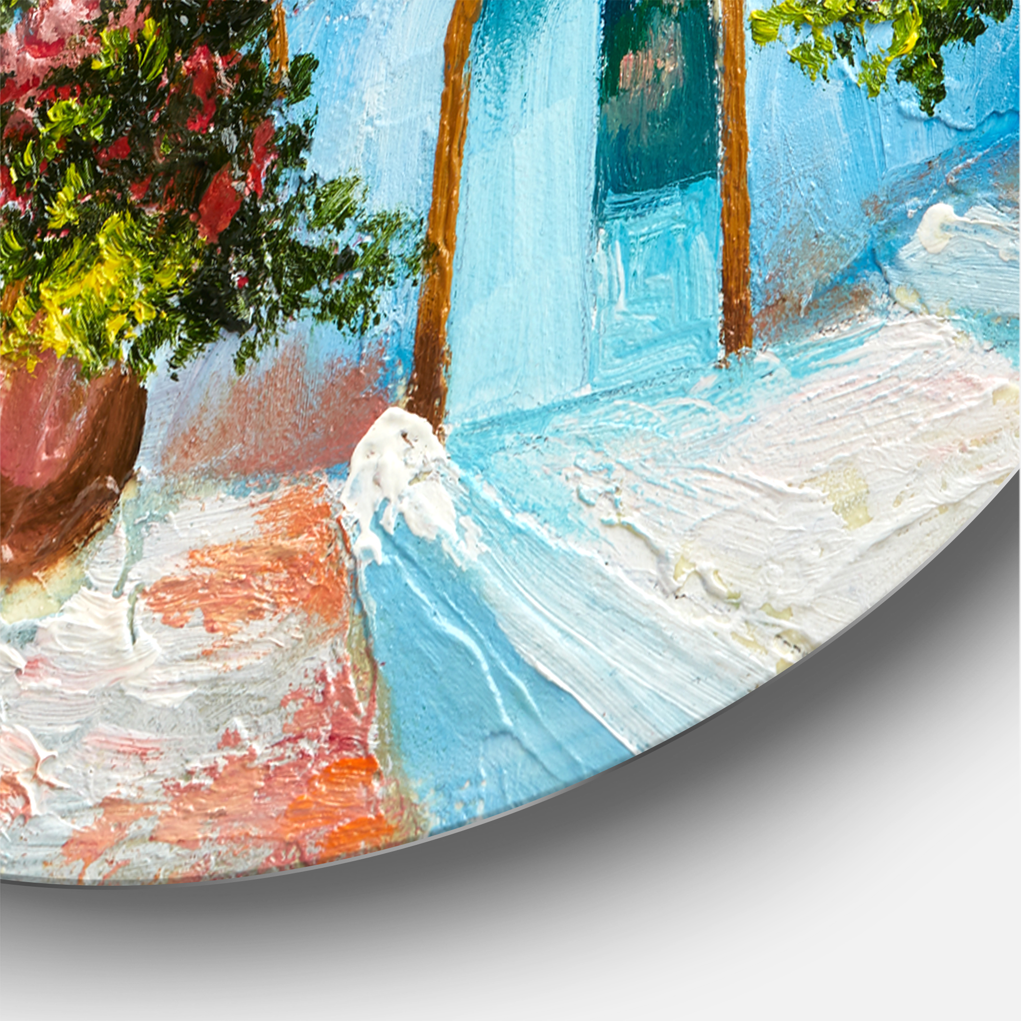 Designart 'House With Colorful Flowers Near The Sea I' Nautical & Coastal Circle Metal Wall Art 23x23 - Disc of 23