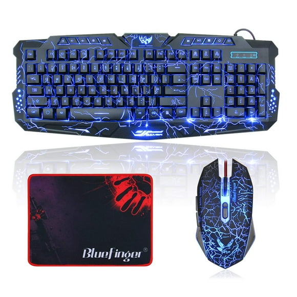 BlueFinger Gaming Keyboard and Mouse,USB Wired Backlit Gaming Mouse and Keyboard Combo,Letters Glow, 3 Color Crack Backlit,Illumination Keyboard and