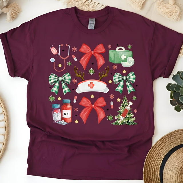 Nurse Holiday Bow Shirt | Christmas Medical Graphic Tee, Maroon, Size XL