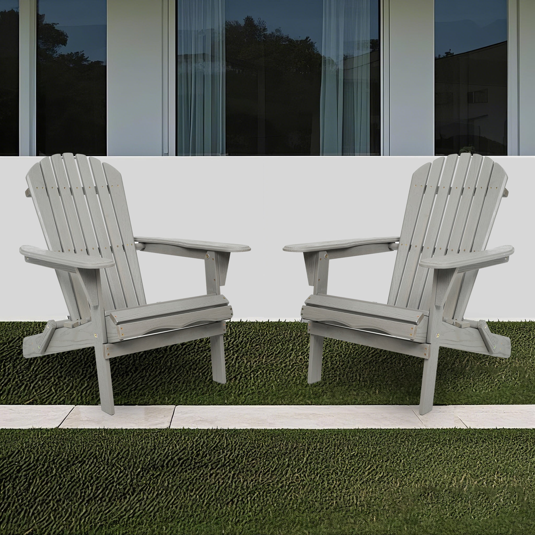Outdoor Folding Adirondack Chair Set of 2, Solid Hemlock Wood Patio Lounge Chair, Embossed Grain Garden Deck Lawn Chair